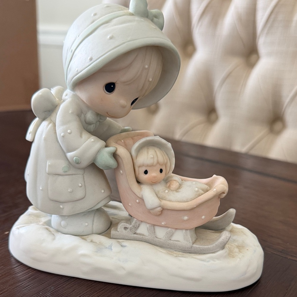 Precious Moments Pastel Pink & Mint Winter Mother with Baby Sleigh Figurine